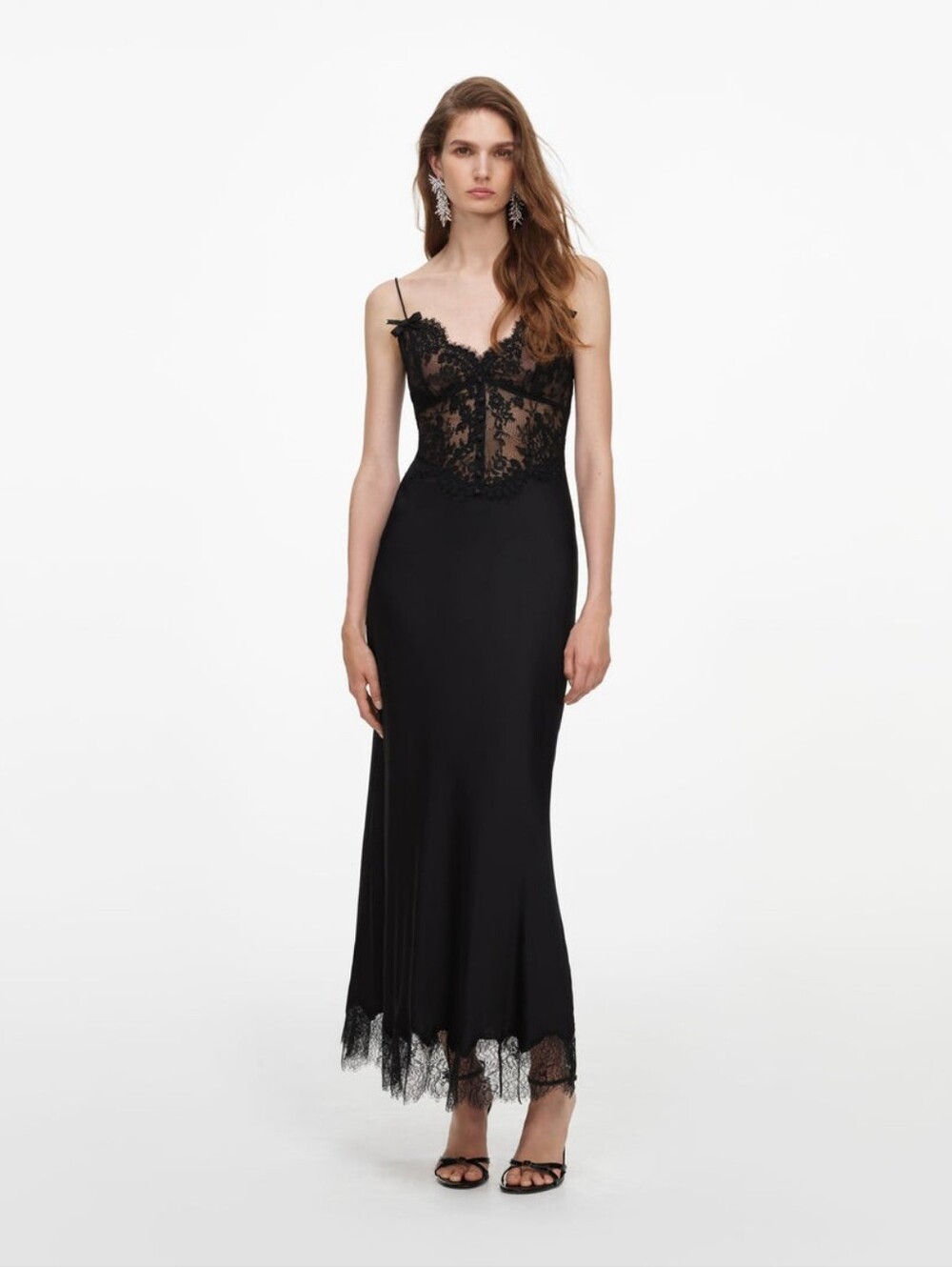 Self Portrait Black Satin Lace Midi Dress